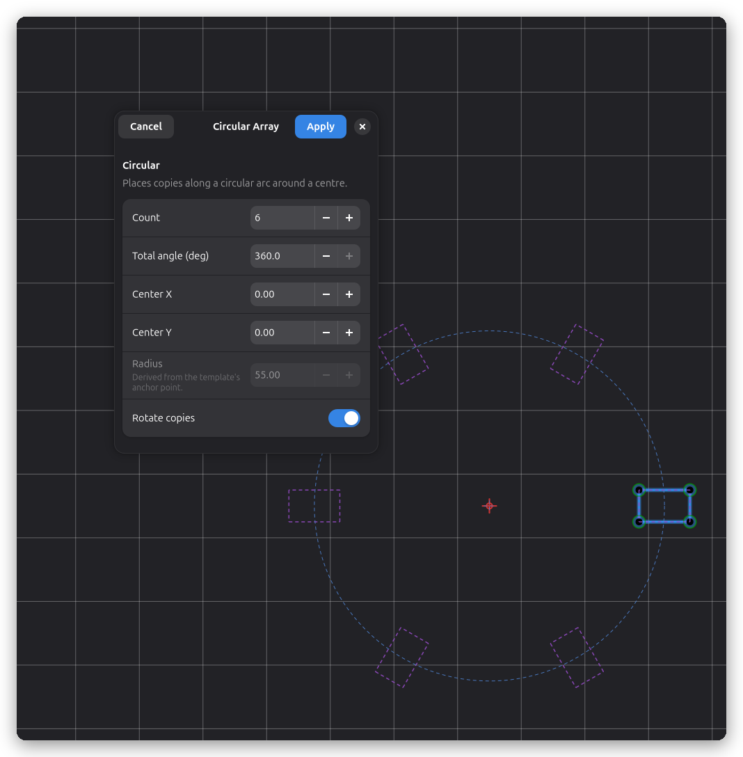 Circular Array dialog with live preview