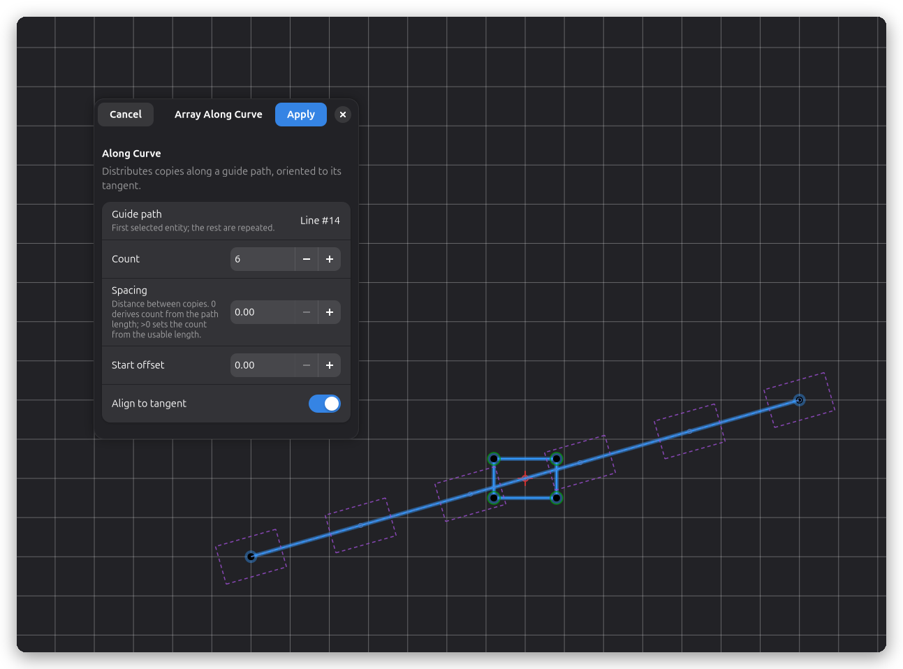 Array Along Curve dialog with live preview