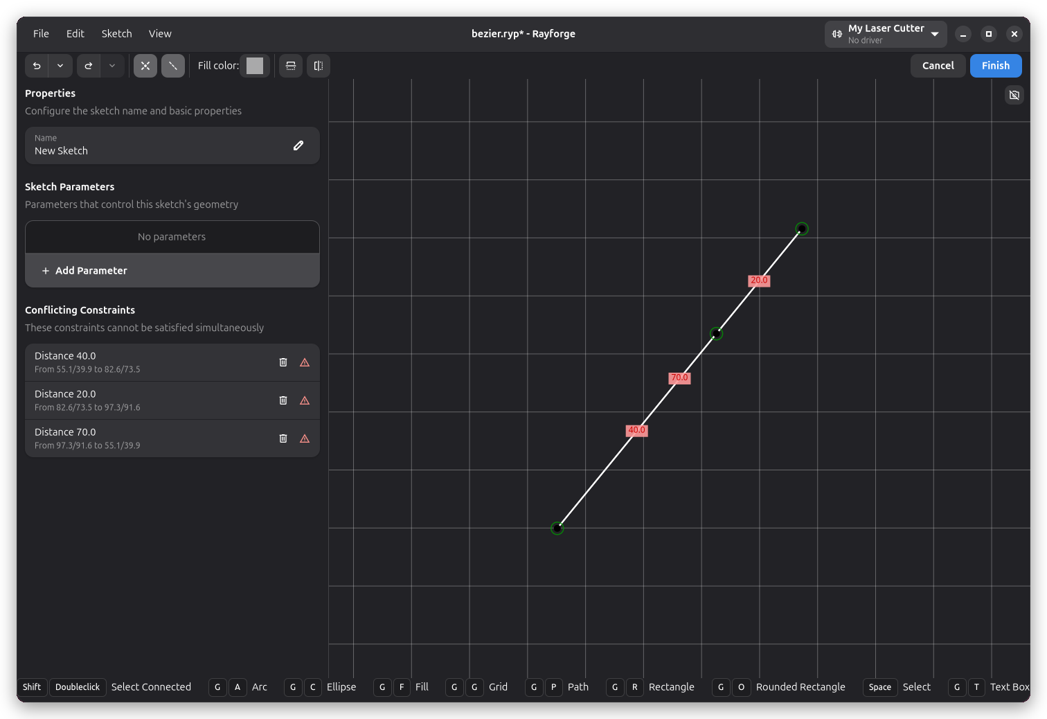 Conflicting distance constraints, flagged in the sidebar