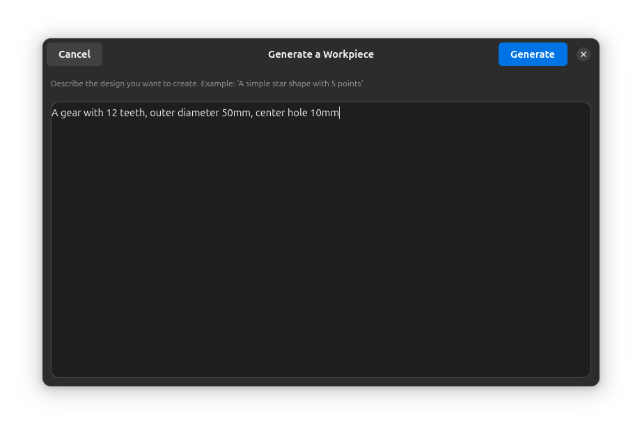 AI Workpiece Generator Dialog
