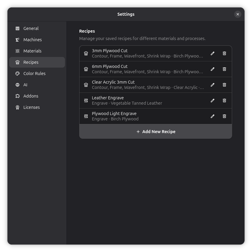 Recipes Settings