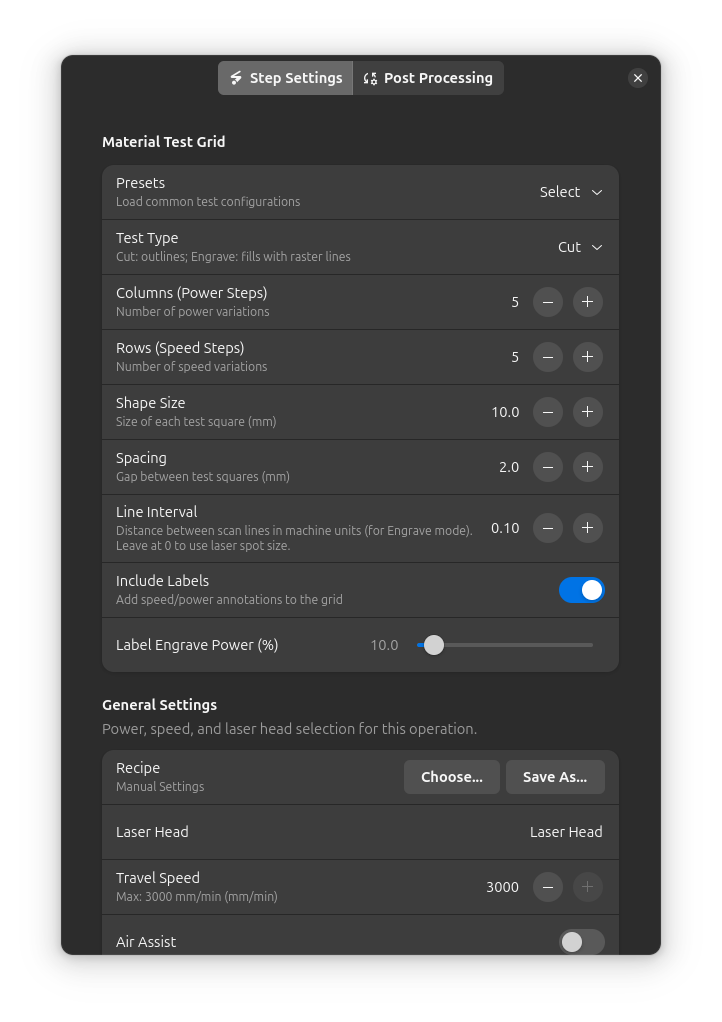 Material Test Grid Settings
