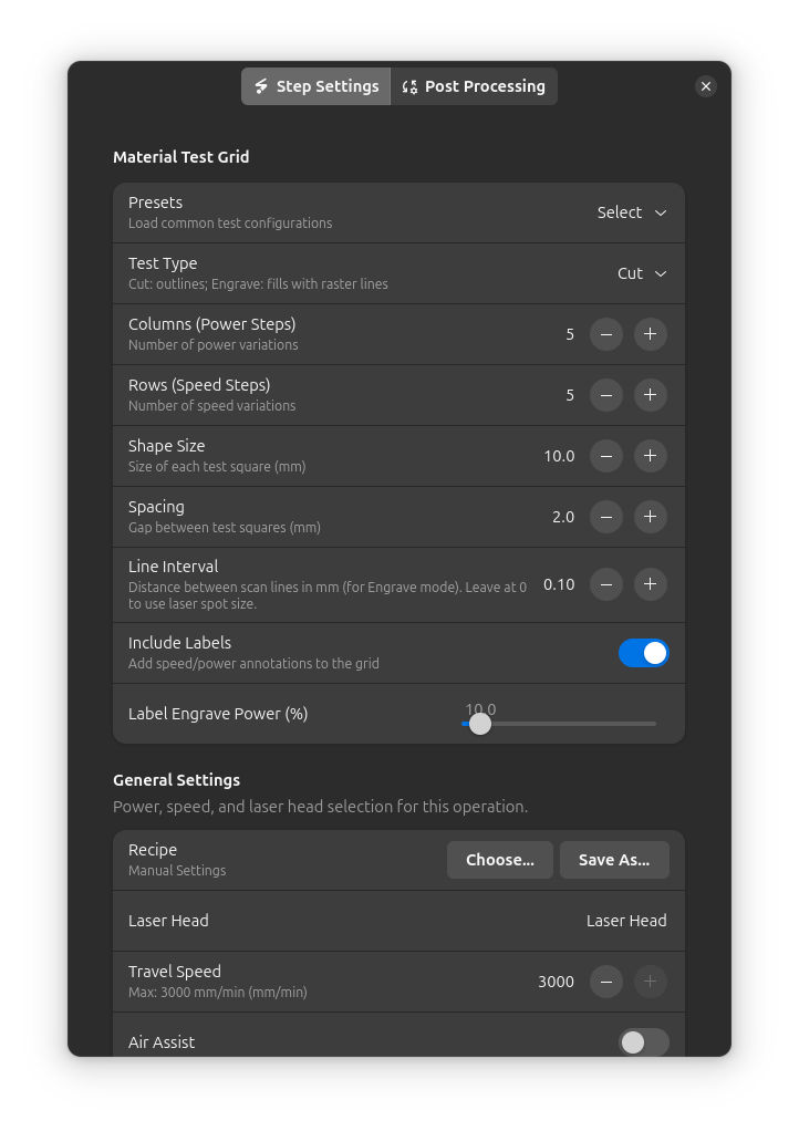 Material Test Grid Settings