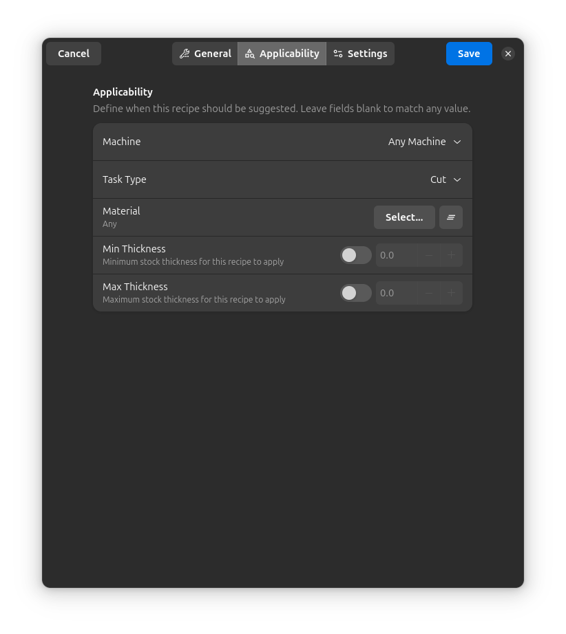 Recipe Editor - Applicability Tab