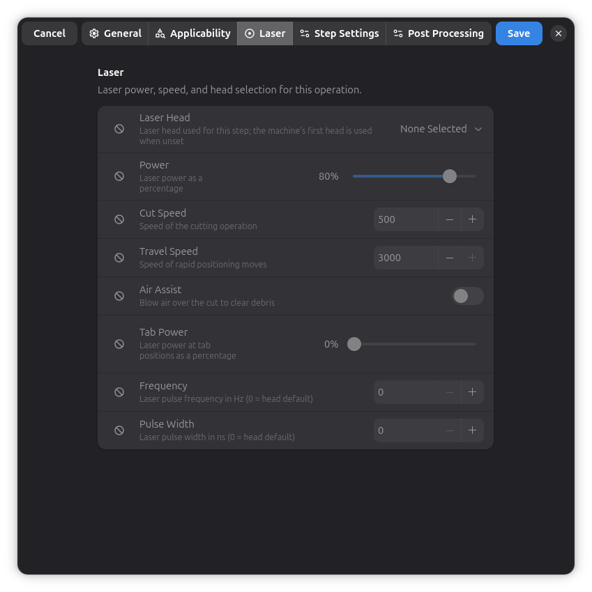 Recipe Editor - Laser Tab