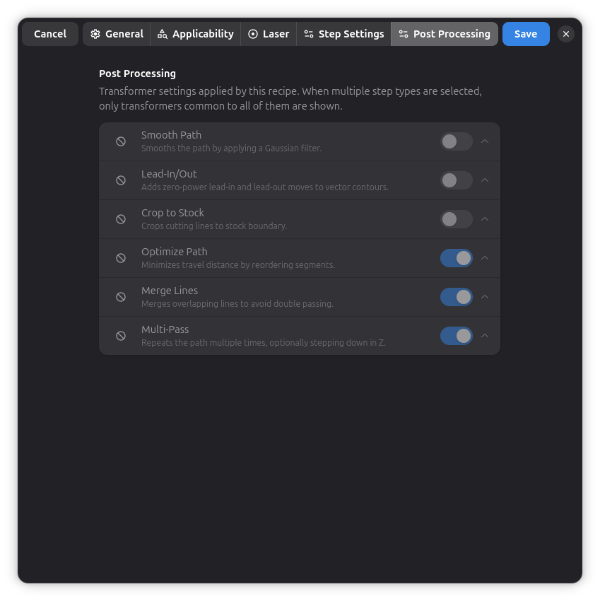 Recipe Editor - Post Processing Tab