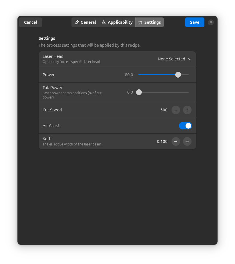 Recipe Editor - Settings Tab