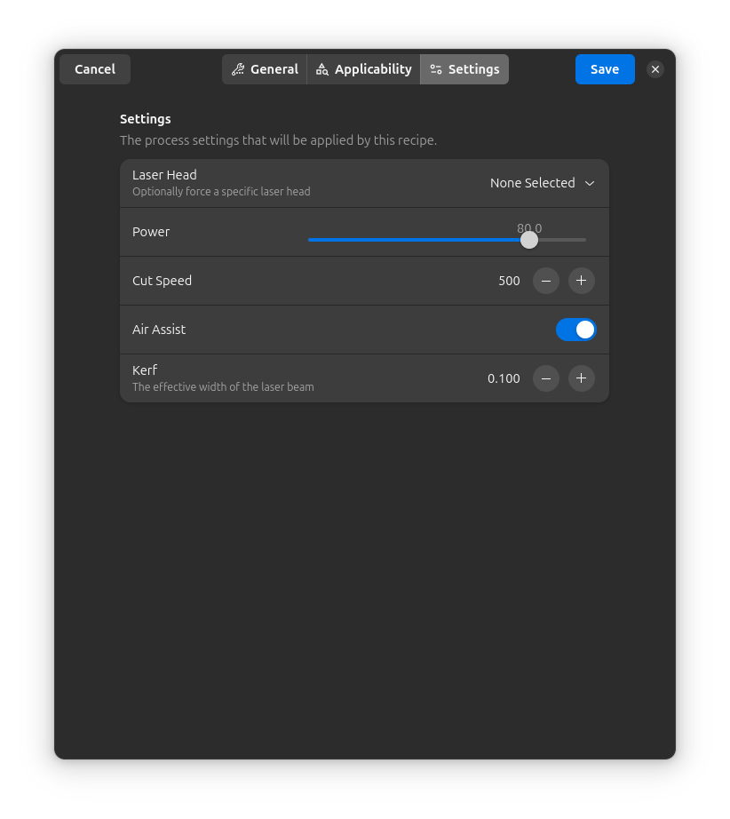Recipe Editor - Settings Tab