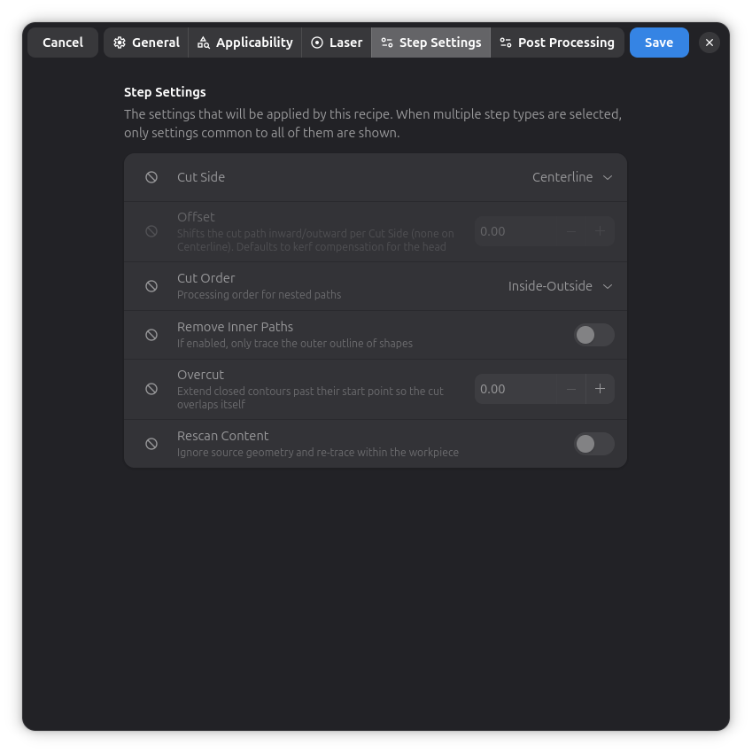 Recipe Editor - Step Settings Tab