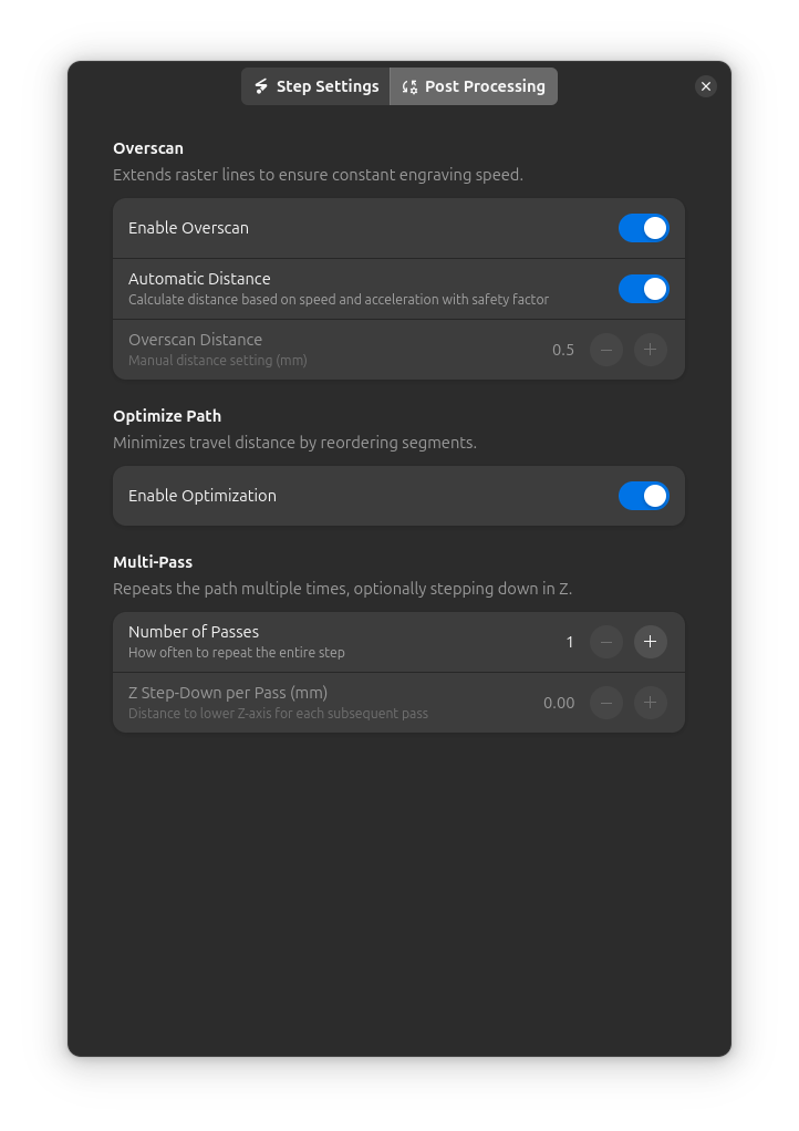 Engrave post-processing settings