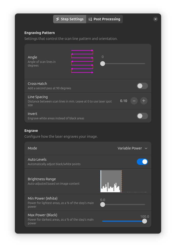 Engrave step settings