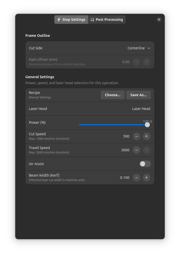 Frame Outline step settings