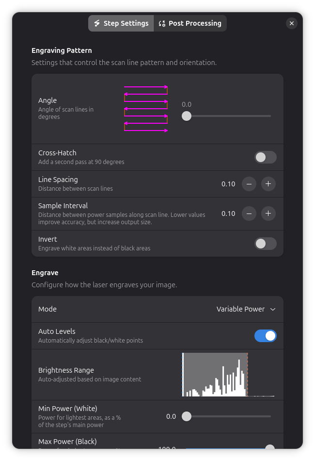 Engrave step settings