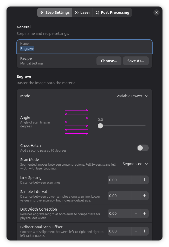 Engrave step settings