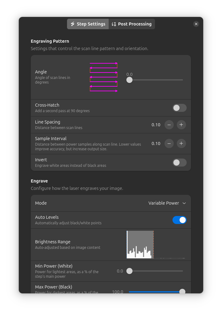 Engrave step settings