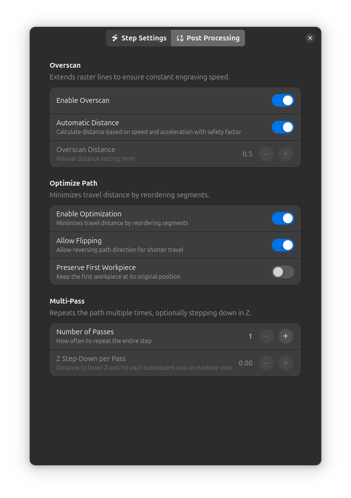 Engrave post-processing settings