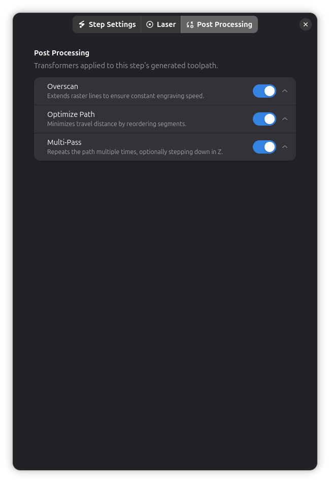 Engrave post-processing settings
