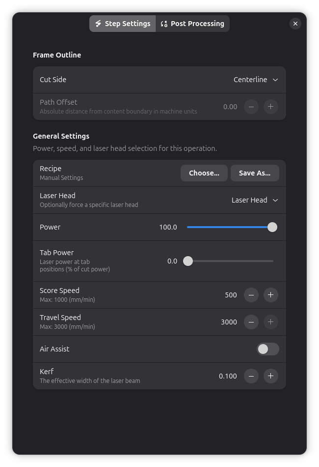 Frame Outline step settings