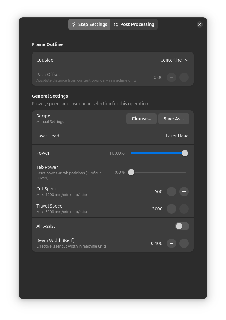Frame Outline step settings