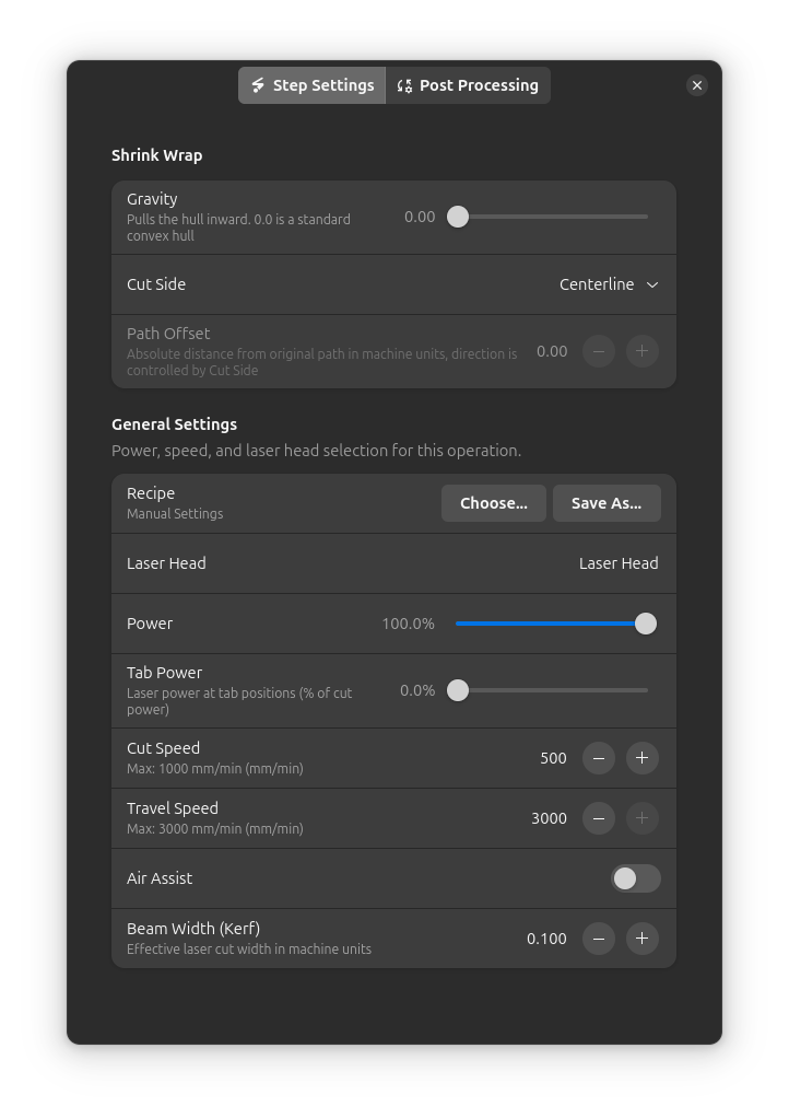 Shrink Wrap step settings