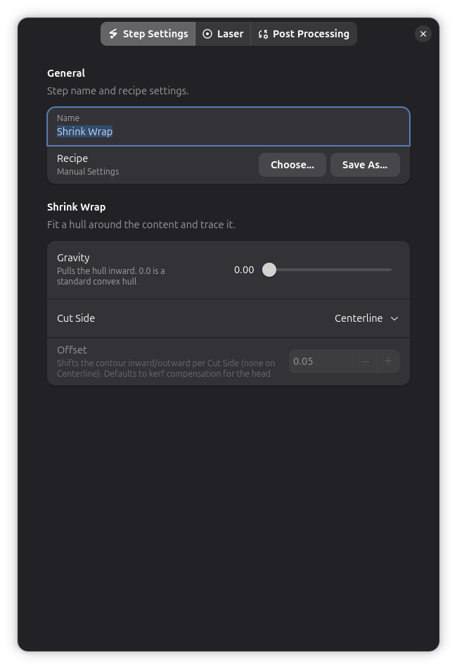 Shrink Wrap step settings