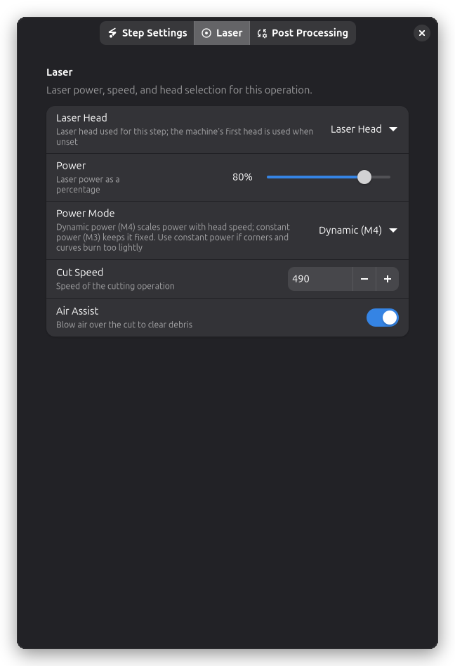 Laser settings