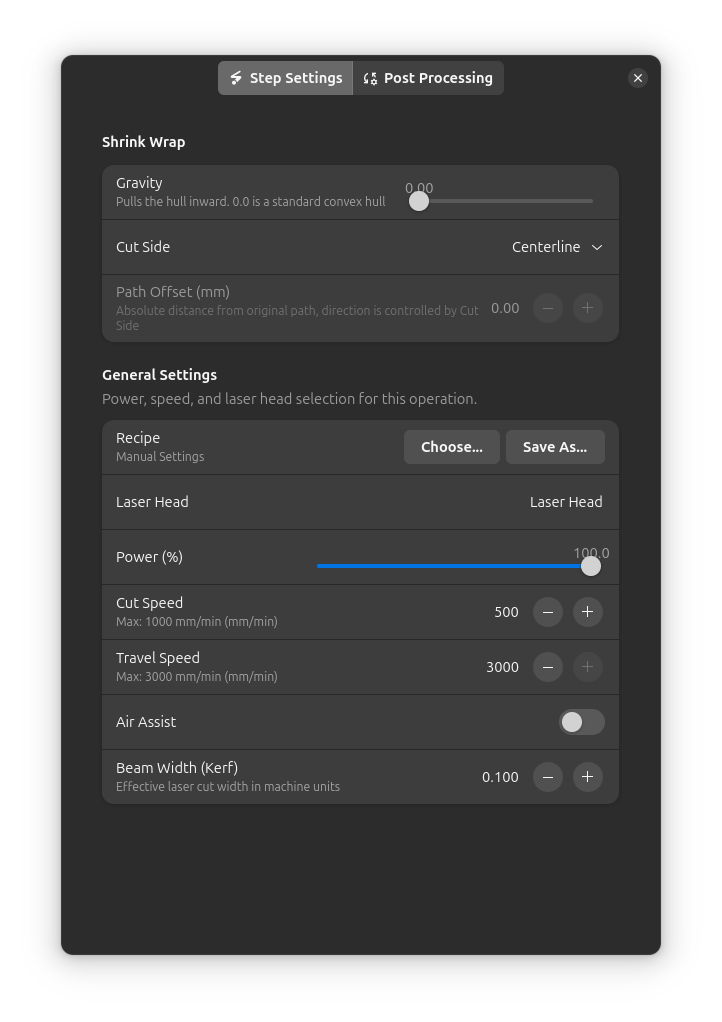 Shrink Wrap step settings