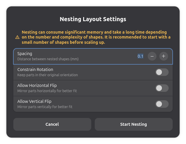 Diálogo de configuración de Deepnest