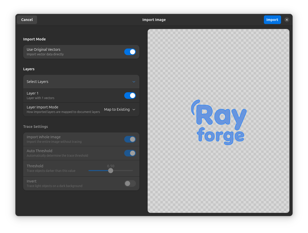 Diálogo de importación