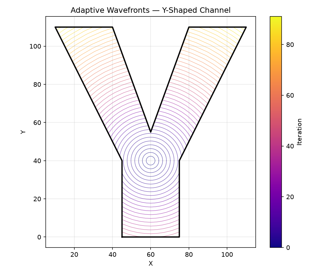 Adaptive wavefronts in a Y-shaped channel — contours split and propagate along each branch