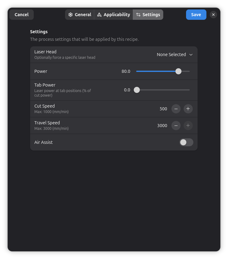 Editor de Recetas - Pestaña Ajustes