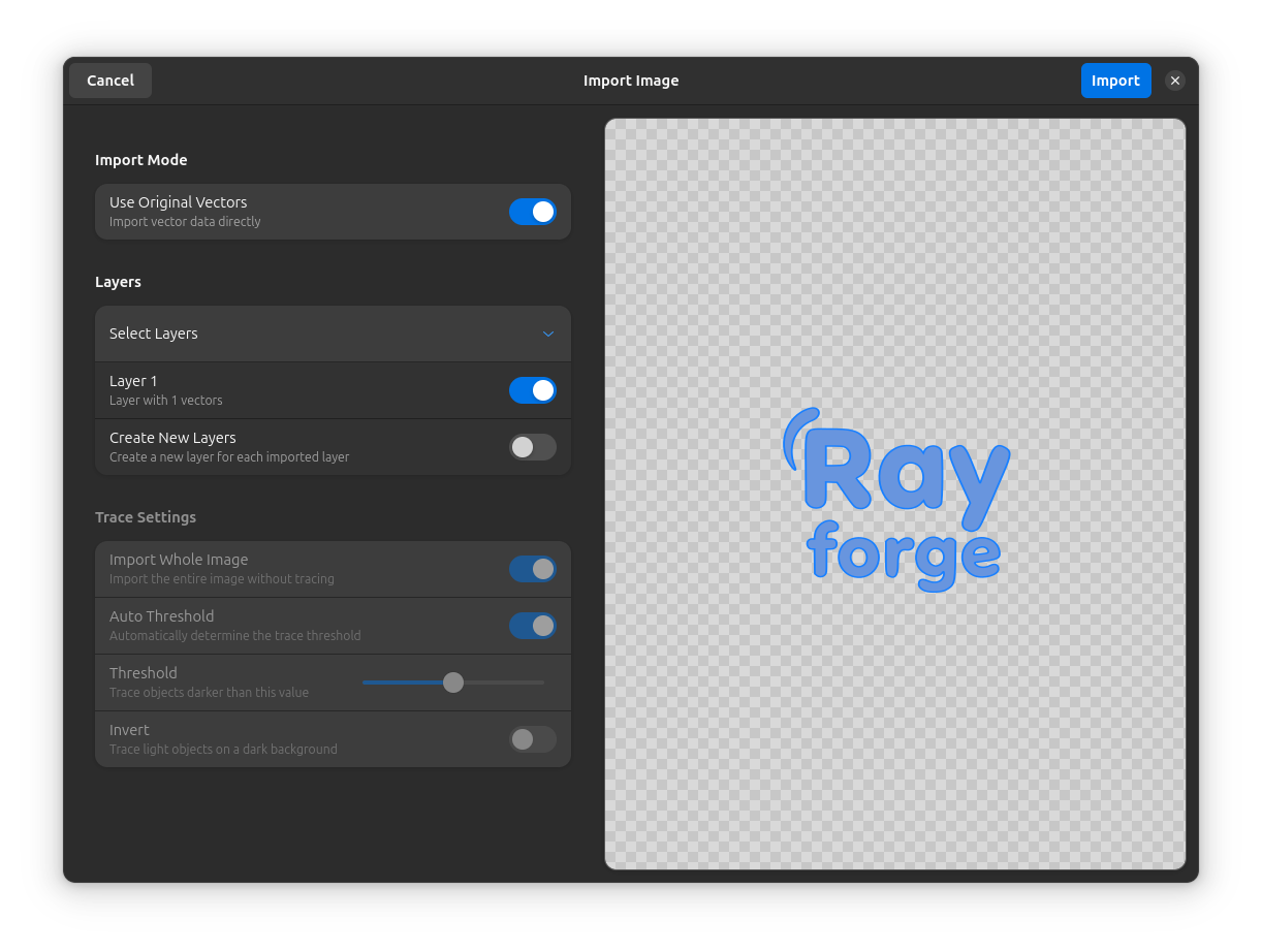 Boîte de dialogue d'importation