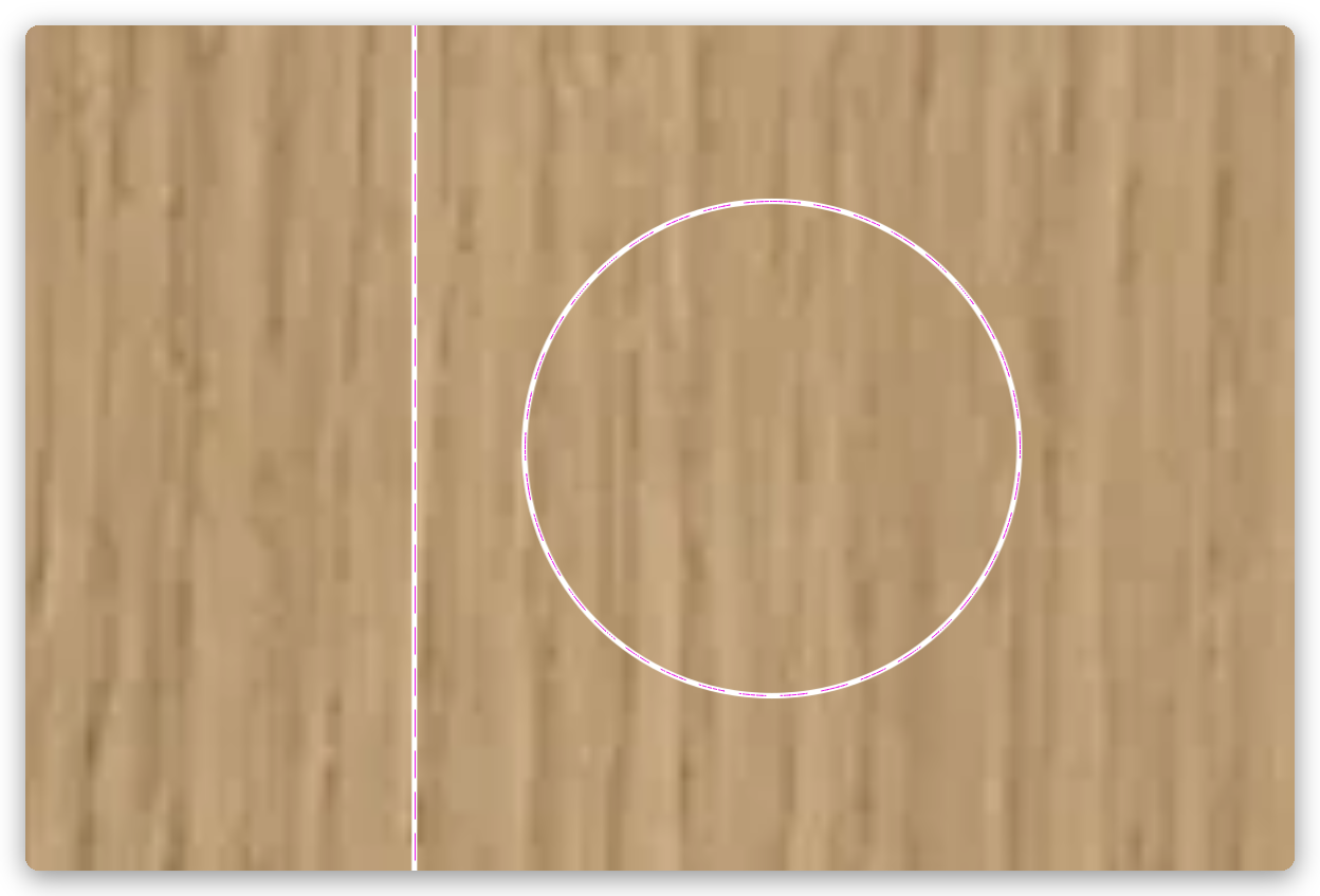 Un rectangle et un cercle découpés en pointillés dans une planche de contreplaqué