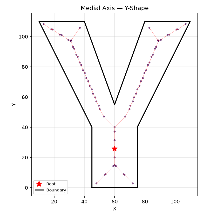 Medial axis of a Y-shaped channel — skeleton follows the branching topology.