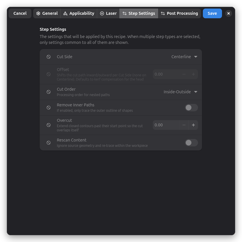 रेसिपी संपादक - Step Settings टैब