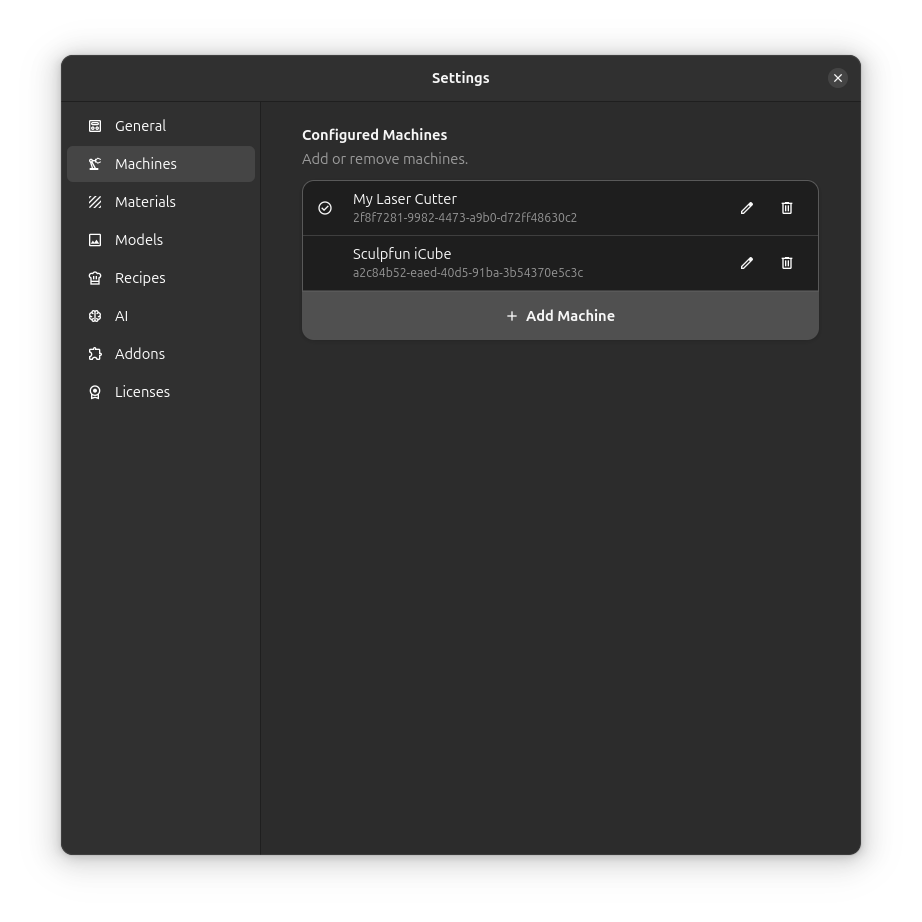 Configurações da Máquina
