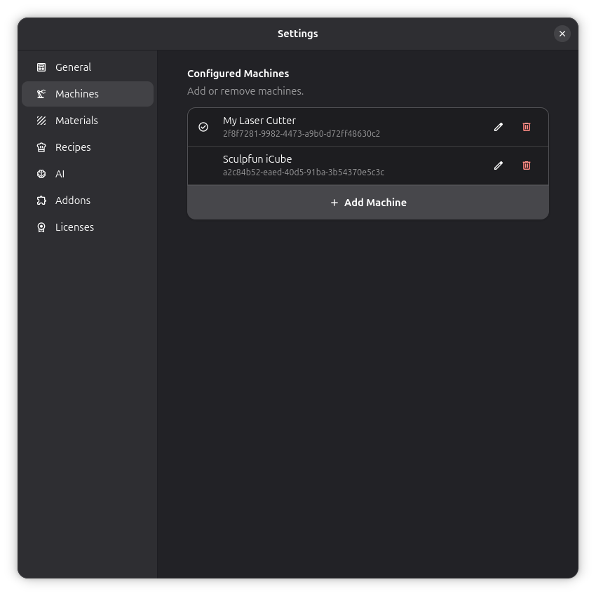 Configurações da Máquina