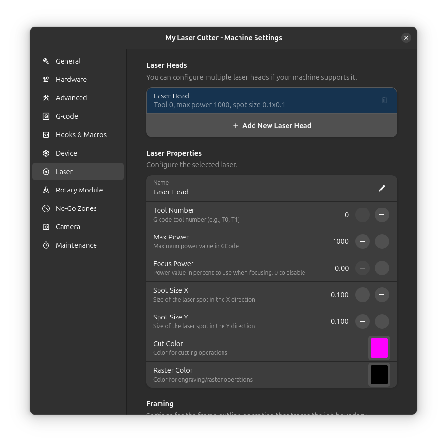 Configurações do Laser