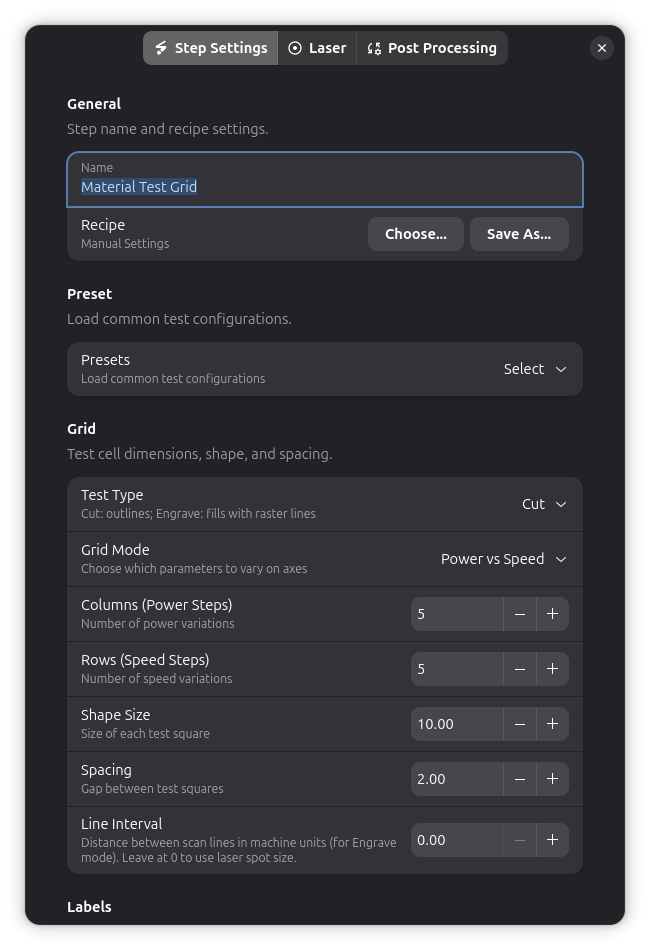 Configurações da Grade de Teste de Material