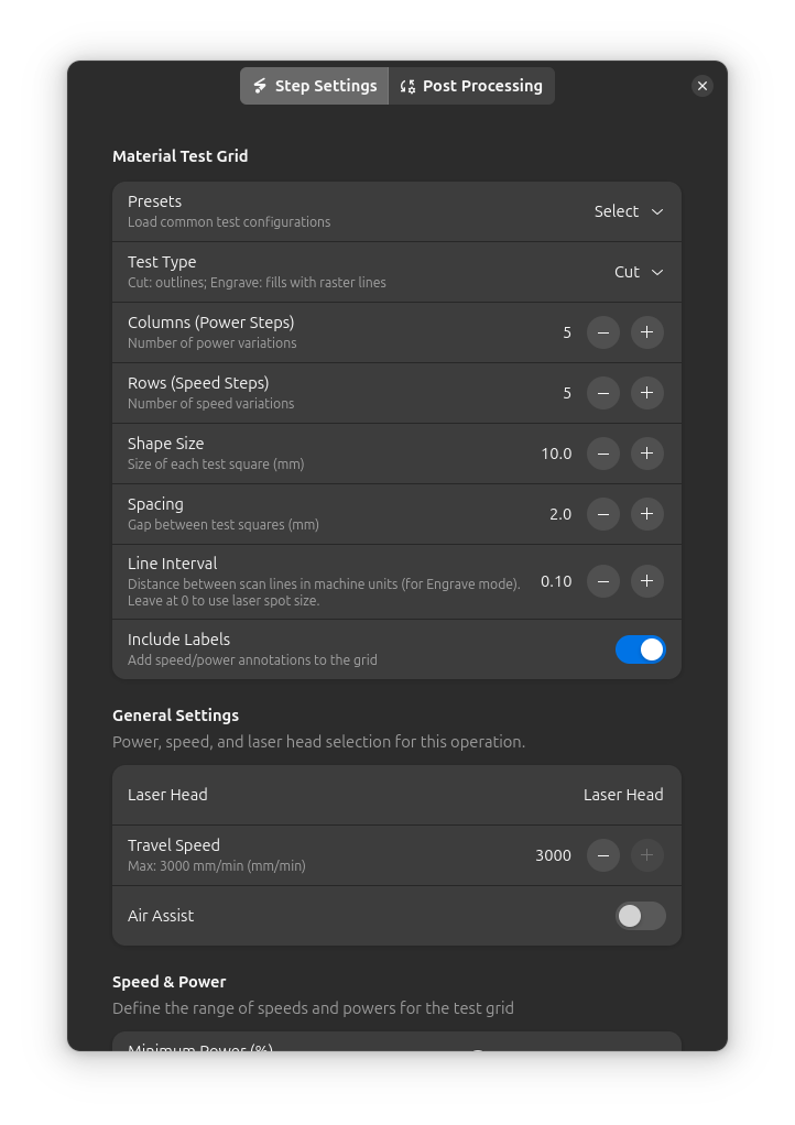 Configurações da Grade de Teste de Material